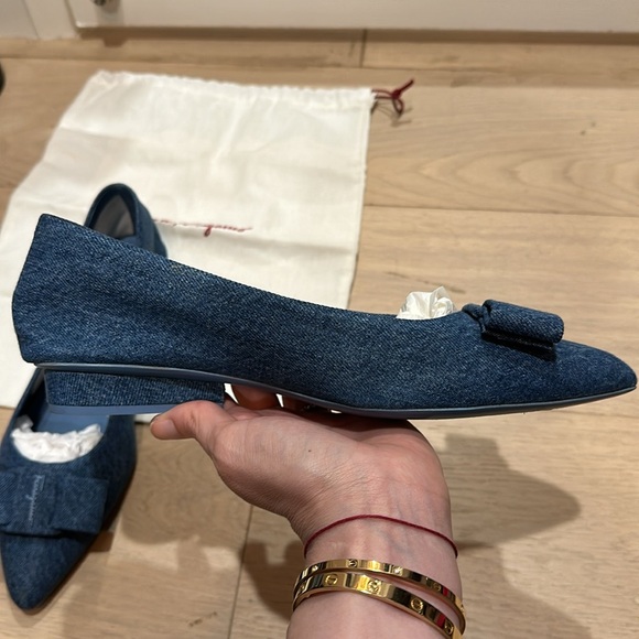 Salvatore Ferragamo Denim Viva Bow Ballerina Flats Size 11 - Picture 6 of 7